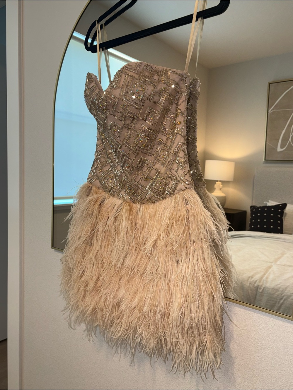 Source Unknown Blush Sequin Embellished Strapless Feather Mini Dress - Picture 5 of 16